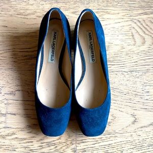 Navy suede Karl Lagerfeld heels with silver heel detail (size 6.5)